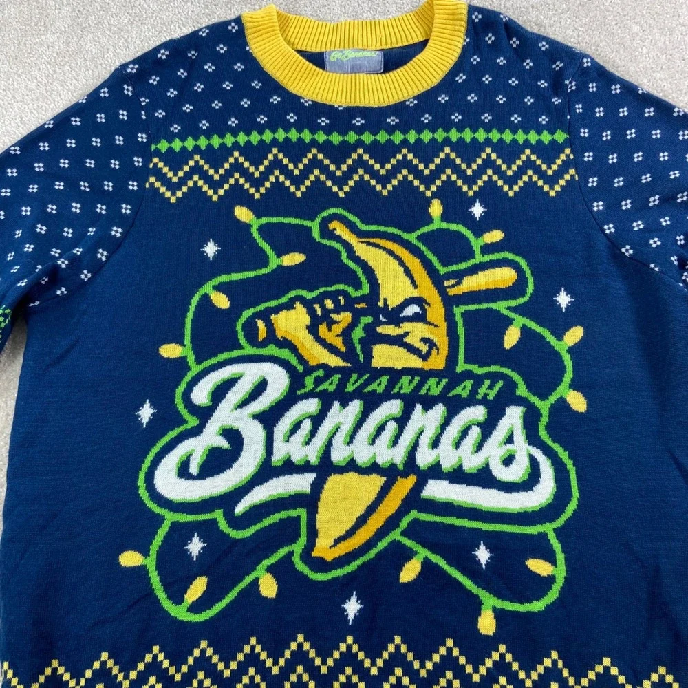 Go Bananas Savannah Bananas Sweater Mens XL Blue Ugly Christmas Holiday Baseball